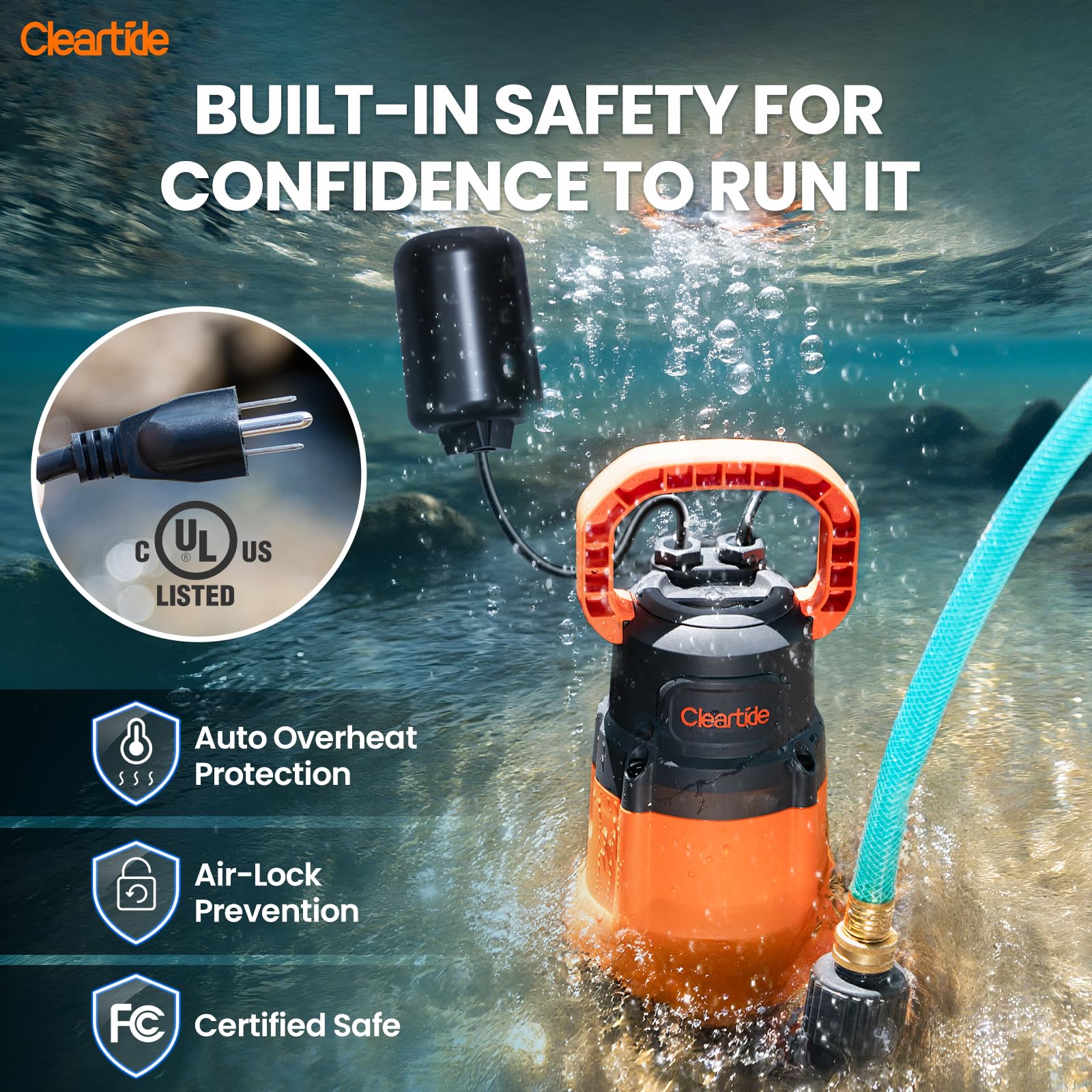 Auto Portable Submersible Utility Pump with Float Switch for Drainage - Up to 1/2 HP, 3060 GPH, 28Ft Cleartide