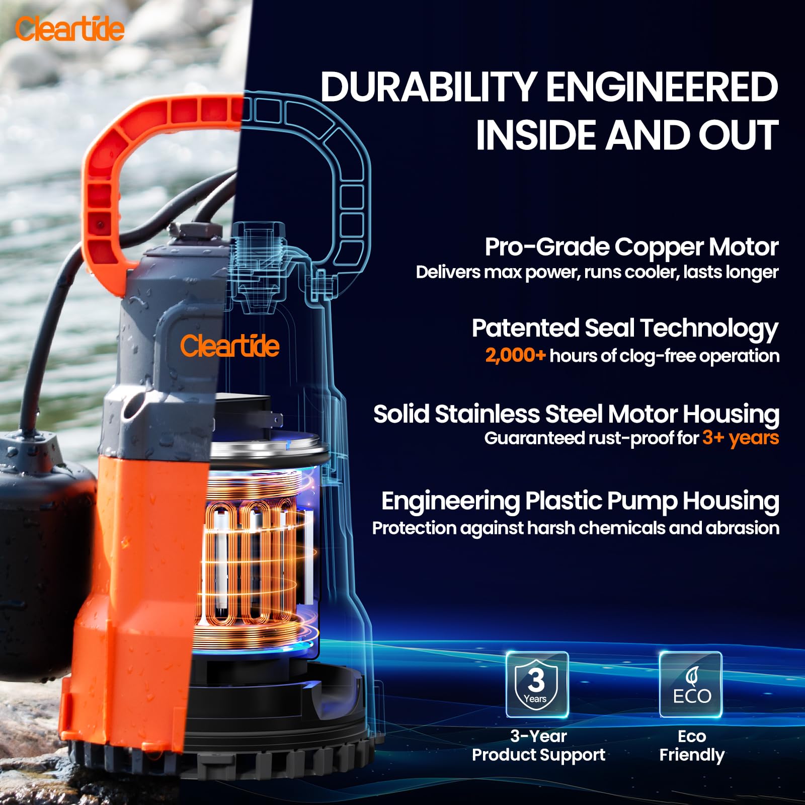 Auto Portable Submersible Utility Pump with Float Switch for Drainage - Up to 1/2 HP, 3060 GPH, 28Ft Cleartide