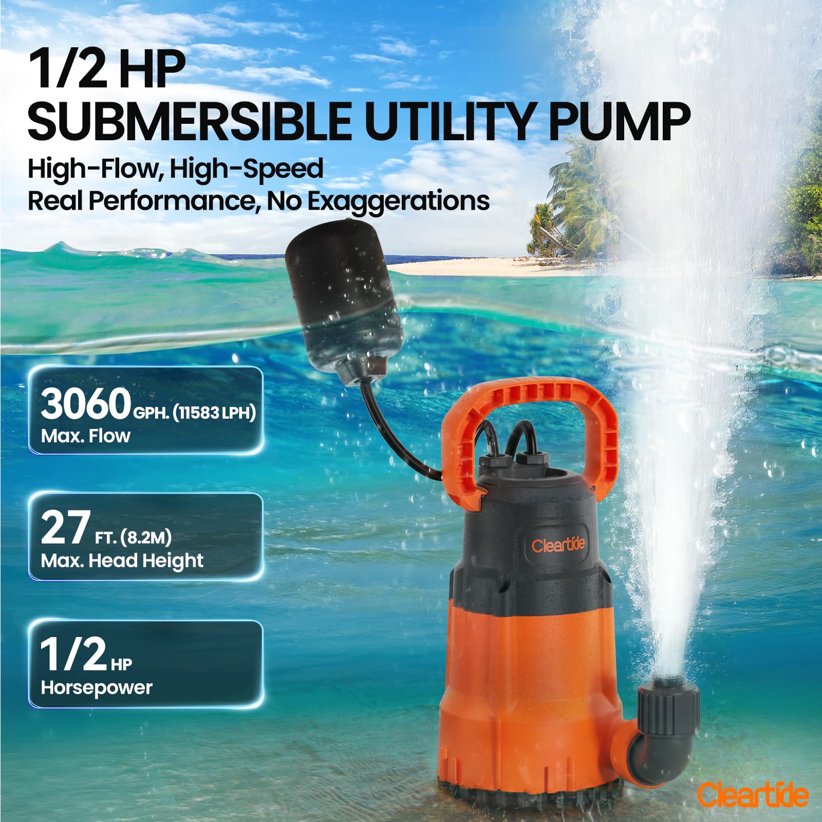 Auto Portable Submersible Utility Pump with Float Switch for Drainage - Up to 1/2 HP, 3060 GPH, 28Ft Cleartide