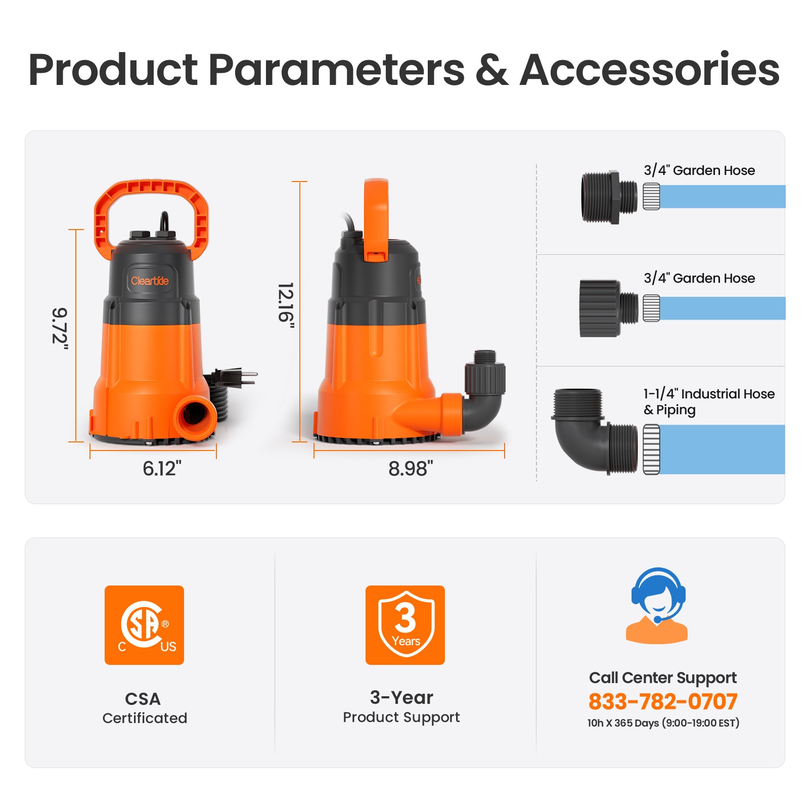Manual Portable Submersible Utility Pump for Drainage - Up to 1 HP, 4500 GPH, 32Ft Cleartide