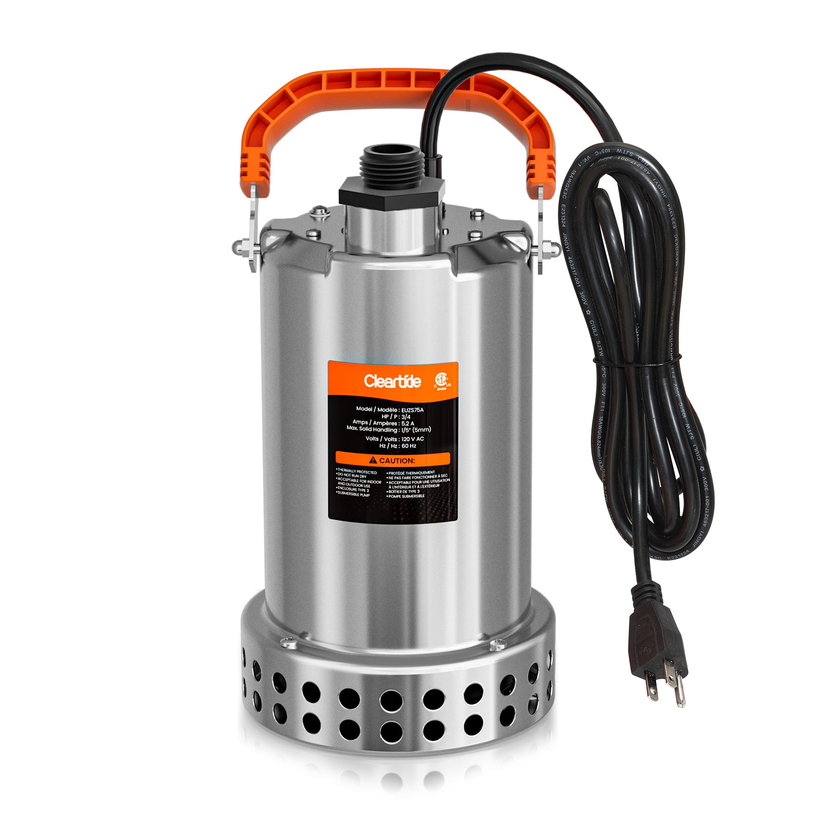 Plug and Play Stainless Steel Submersible Utility Pump, 1/2 HP & 3/4 HP, 120V Cleartide