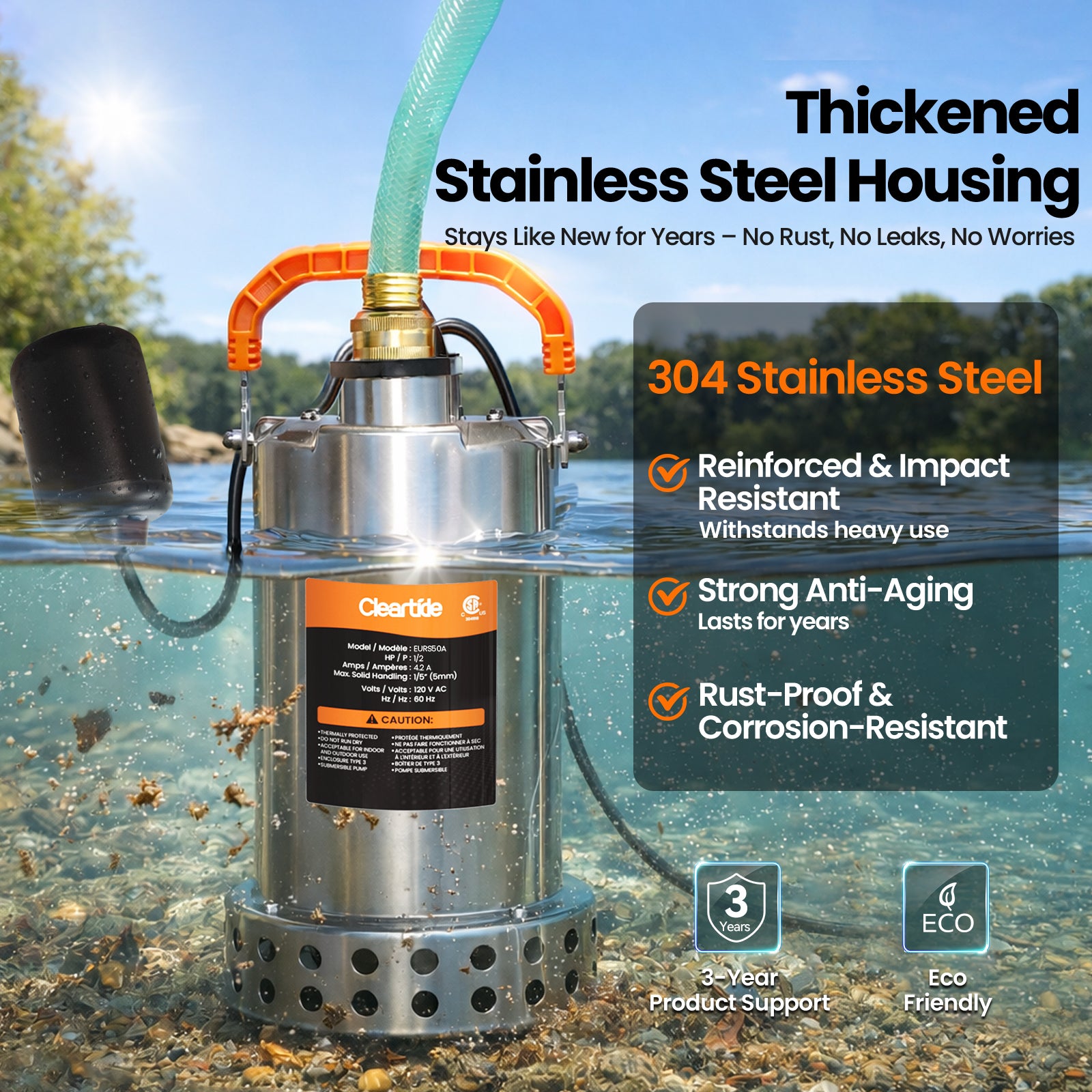 Stainless Steel Submersible Utility Pump with Automatic Float Switch, 1/2 HP & 3/4 HP, 120V Cleartide