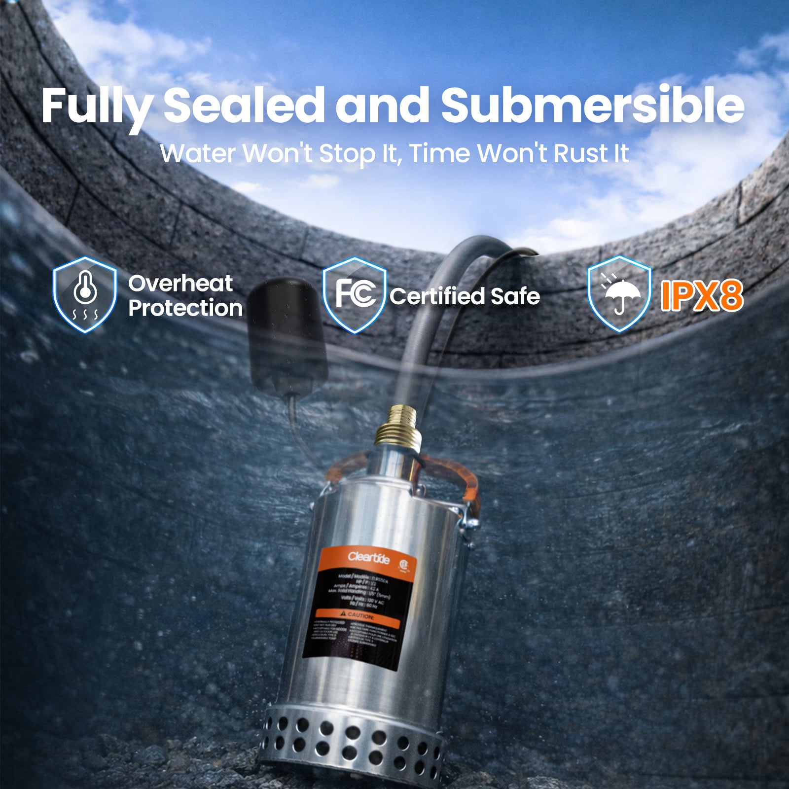 Stainless Steel Submersible Utility Pump with Automatic Float Switch, 1/2 HP & 3/4 HP, 120V Cleartide