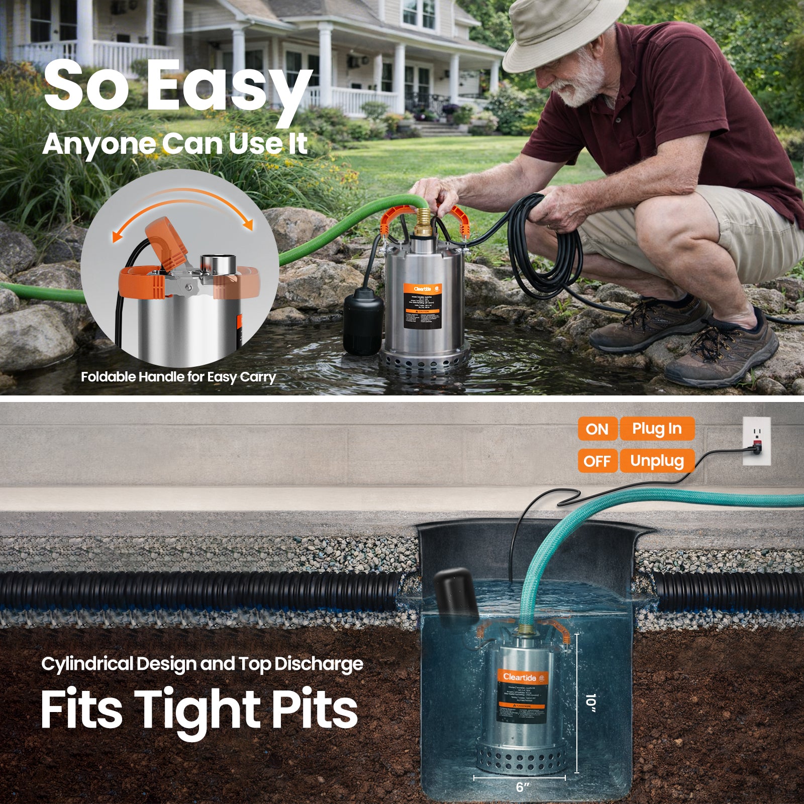 Stainless Steel Submersible Utility Pump with Automatic Float Switch, 1/2 HP & 3/4 HP, 120V Cleartide