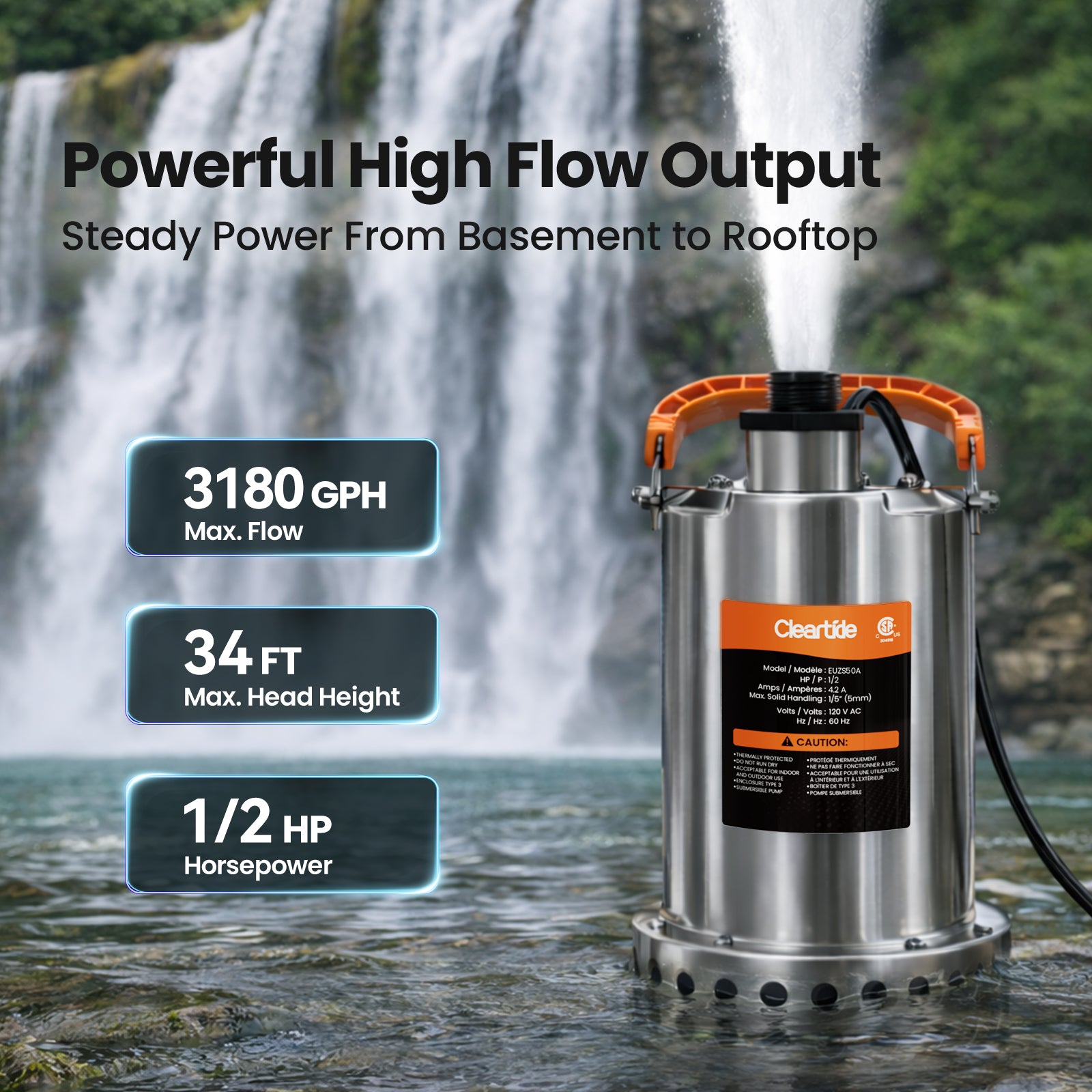 Plug and Play Stainless Steel Submersible Utility Pump, 1/2 HP & 3/4 HP, 120V Cleartide