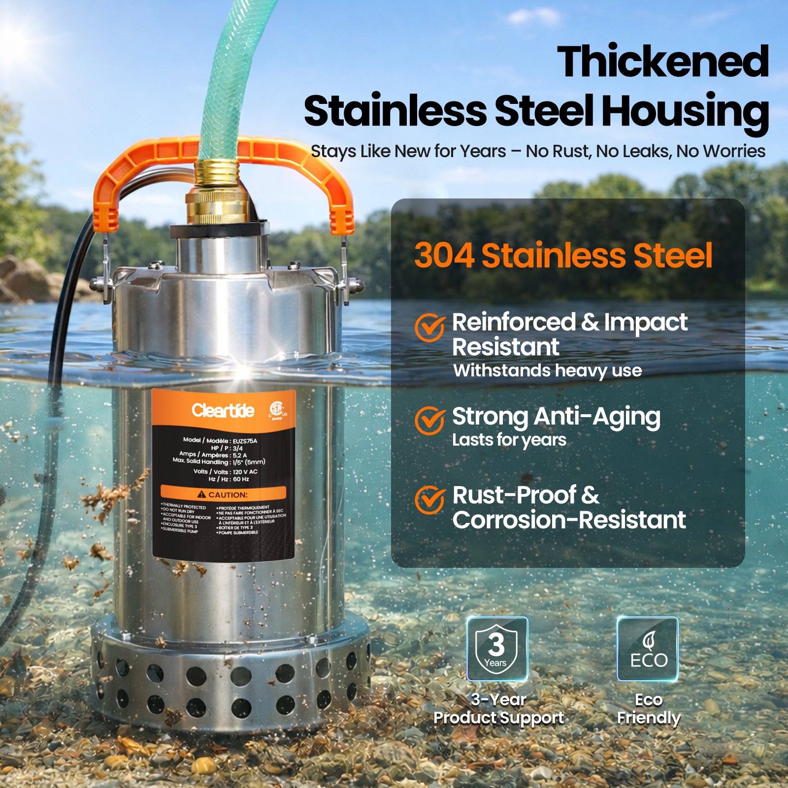 Plug and Play Stainless Steel Submersible Utility Pump, 1/2 HP & 3/4 HP, 120V Cleartide