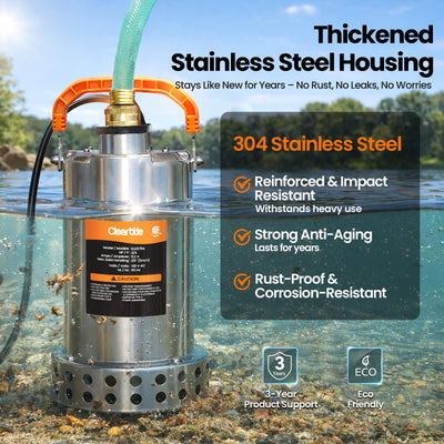 Plug and Play Stainless Steel Submersible Utility Pump, 1/2 HP & 3/4 HP, 120V Cleartide