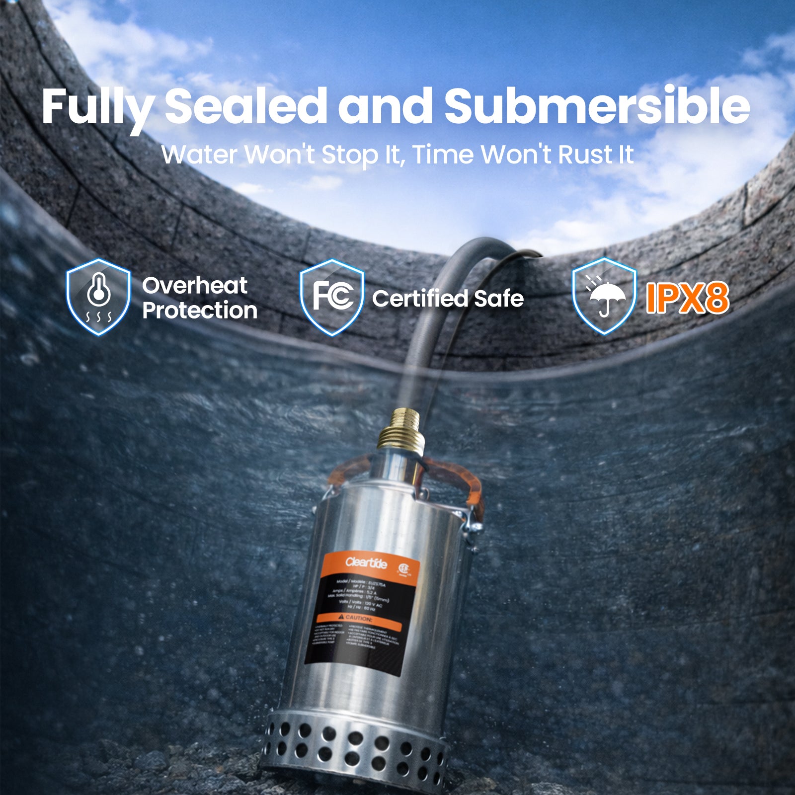 Plug and Play Stainless Steel Submersible Utility Pump, 1/2 HP & 3/4 HP, 120V Cleartide