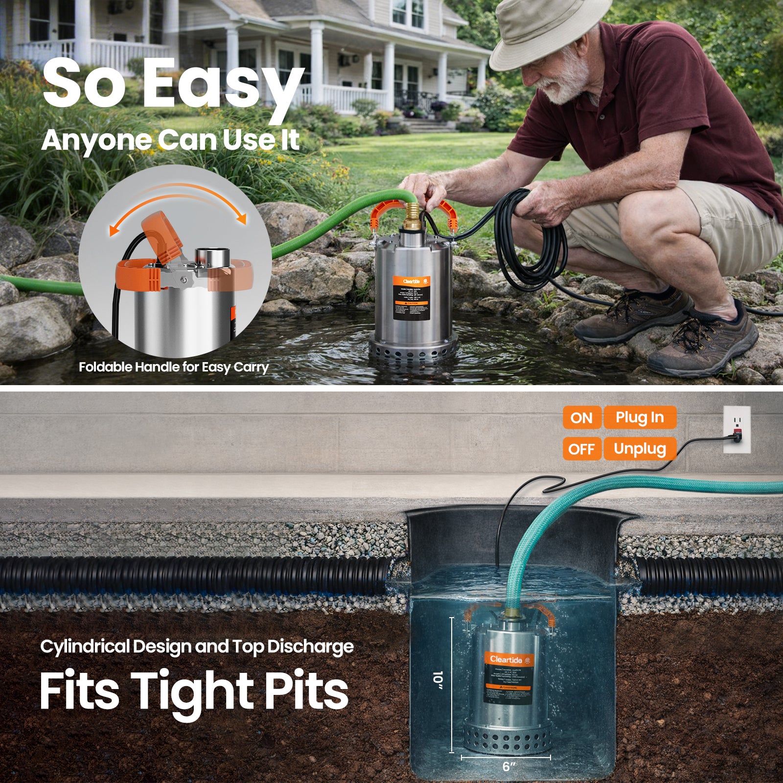 Plug and Play Stainless Steel Submersible Utility Pump, 1/2 HP & 3/4 HP, 120V Cleartide