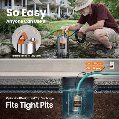 Plug and Play Stainless Steel Submersible Utility Pump, 1/2 HP & 3/4 HP, 120V Cleartide