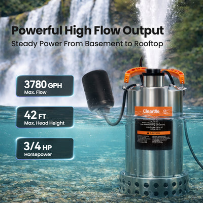 Stainless Steel Submersible Utility Pump with Automatic Float Switch,  1/2 HP & 3/4 HP, 120V Cleartide