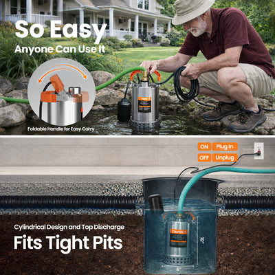 Stainless Steel Submersible Utility Pump with Automatic Float Switch,  1/2 HP & 3/4 HP, 120V Cleartide